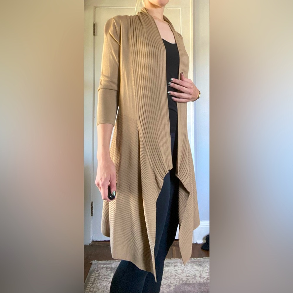 Adrienne Vittadini Knit Cardigan with Ribbed Lapel and Neck, Taupe Color 🥝